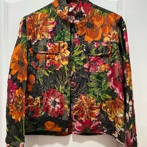 Chico’s Colorful Gold Shimmer Bold Floral Silk Blend Open Jacket Size 1